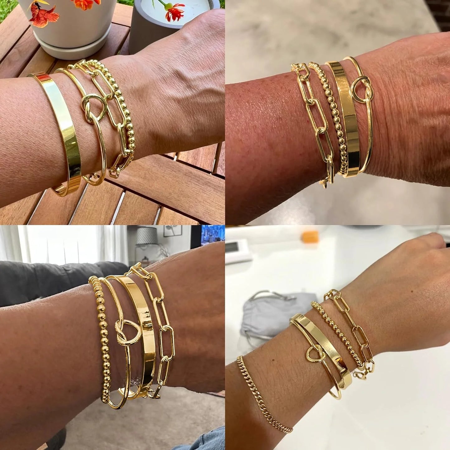 Gold Bracelets for Women Stack 14K Gold Plated Bangle Cuff Bracelet Set for Women Non Tarnish Gold Beaded Paperclip Link Chain Bracelets Jewelry for Women Girls Trendy