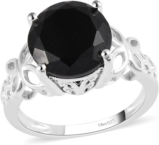 Beautiful Black Tourmaline Ring in 925 Sterling Silver - October Birthstone Rings for Women - Engagement Promise Floral Statement Vintage Solitaire Tourmaline Jewelry Birthday Mothers Day Gifts