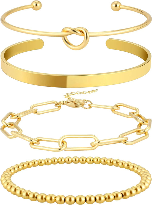Gold Bracelets for Women Stack 14K Gold Plated Bangle Cuff Bracelet Set for Women Non Tarnish Gold Beaded Paperclip Link Chain Bracelets Jewelry for Women Girls Trendy