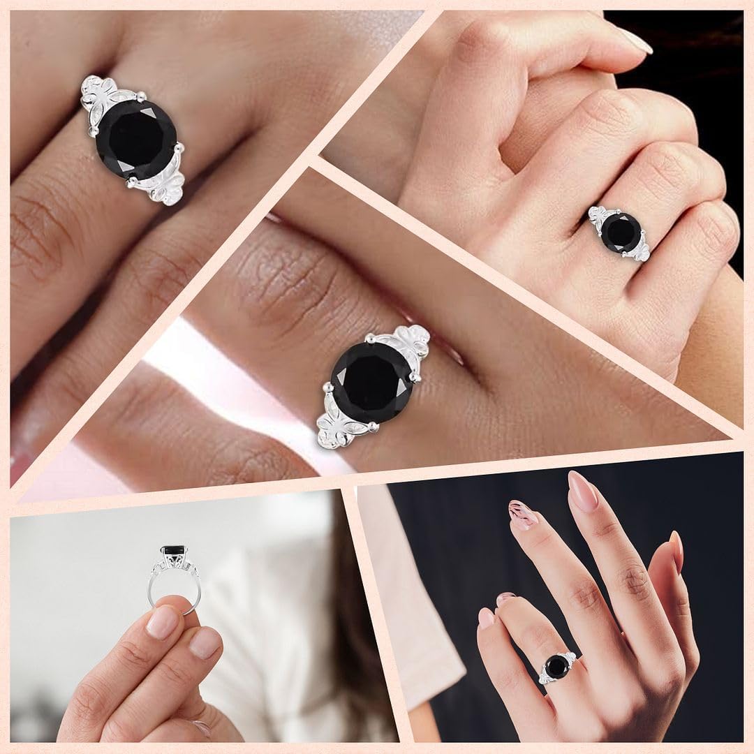 Beautiful Black Tourmaline Ring in 925 Sterling Silver - October Birthstone Rings for Women - Engagement Promise Floral Statement Vintage Solitaire Tourmaline Jewelry Birthday Mothers Day Gifts