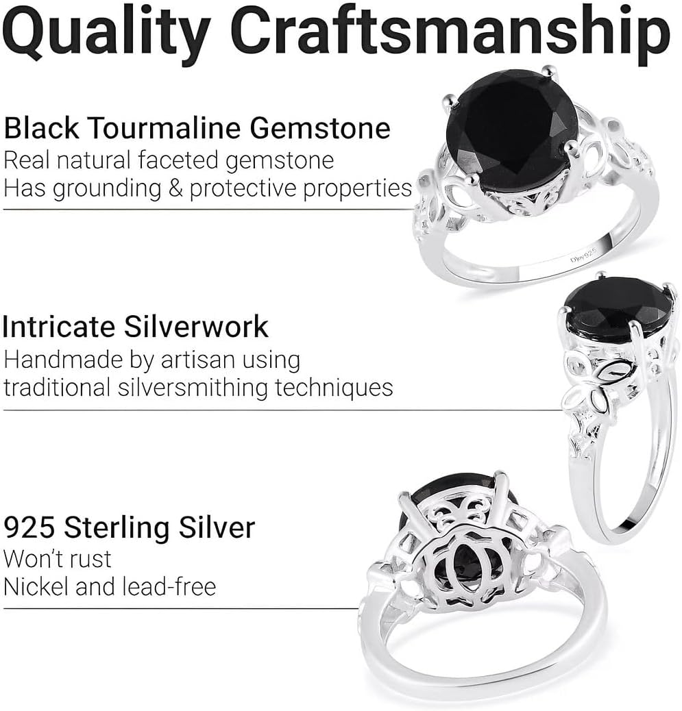 Beautiful Black Tourmaline Ring in 925 Sterling Silver - October Birthstone Rings for Women - Engagement Promise Floral Statement Vintage Solitaire Tourmaline Jewelry Birthday Mothers Day Gifts