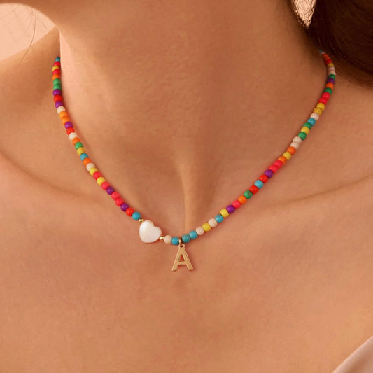 Tropical Initial Beaded Choker Necklace, Turquoise Beads 14+2 in Adjustable Chain (Women'S)