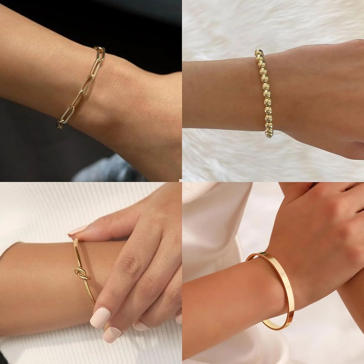Gold Bracelets for Women Stack 14K Gold Plated Bangle Cuff Bracelet Set for Women Non Tarnish Gold Beaded Paperclip Link Chain Bracelets Jewelry for Women Girls Trendy